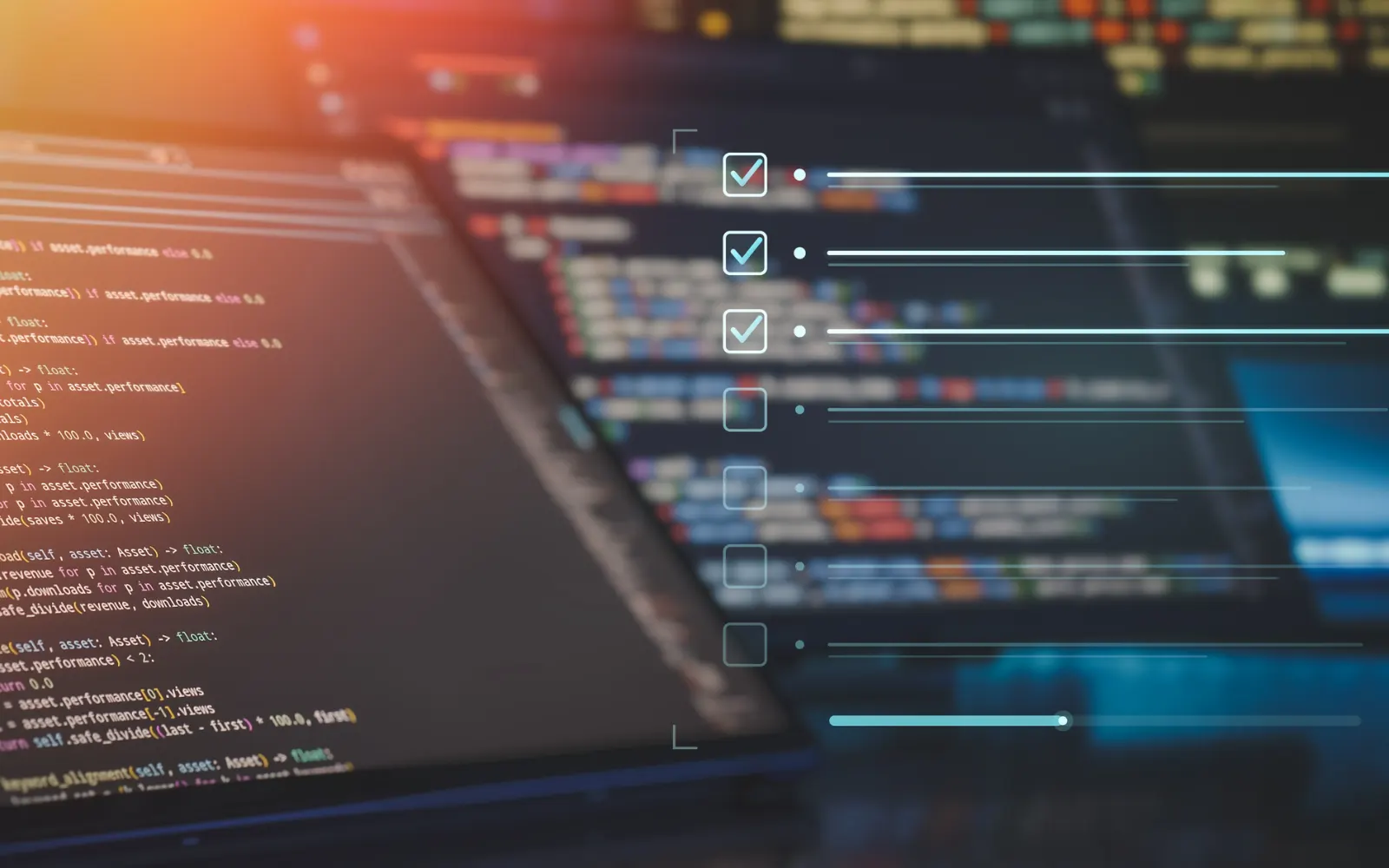 Close-up of source code on a monitor with checklist ticks