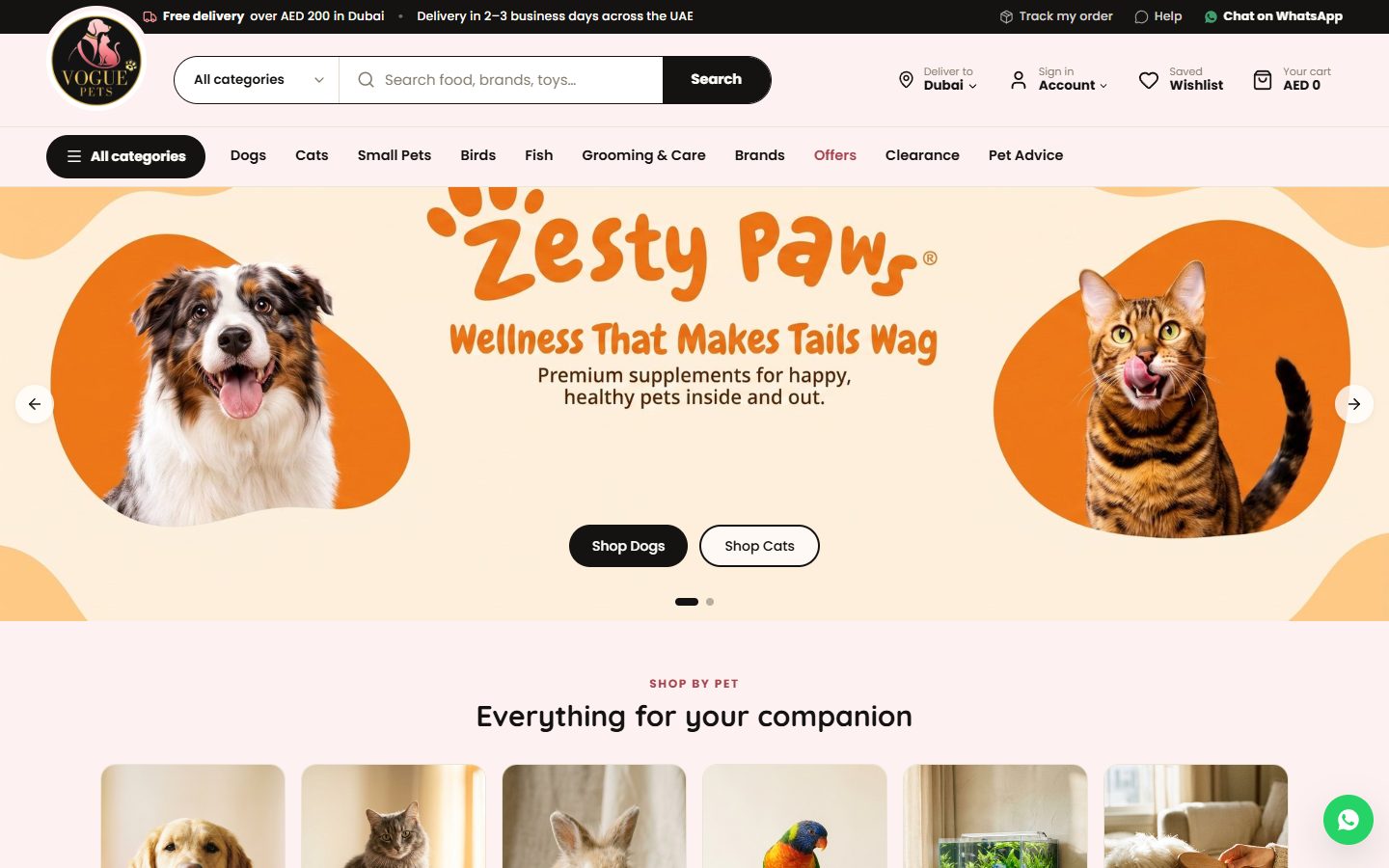 Vogue Pets online store homepage